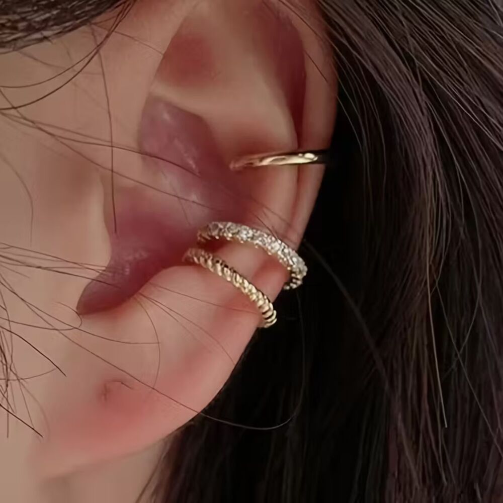 3 pc Gold Zirconia Crystal Ear Cuffs Earrings Set Rope Gemstone Fashion Bundle